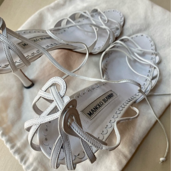 Manolo Blahnik ESPINASA Strappy Sandals Leather White Heels Shoes, 39/9B - Picture 3 of 12